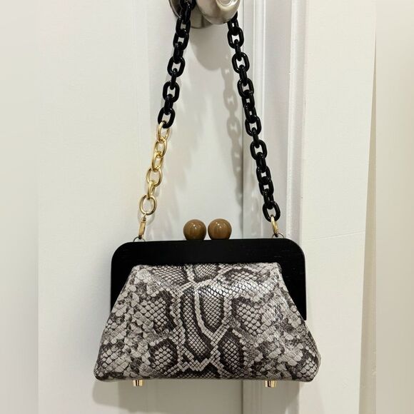 Snake Embossed Leather Handmade Wooden Frame Clutch, Wristlet, Crossbody Bag - Picture 4 of 16